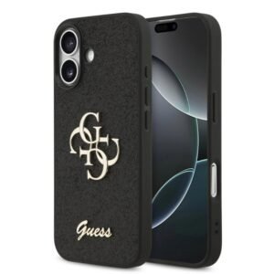 Guess Hoesje PU Glitter 4G Metal Logo Voor iPhone 17 Zwart